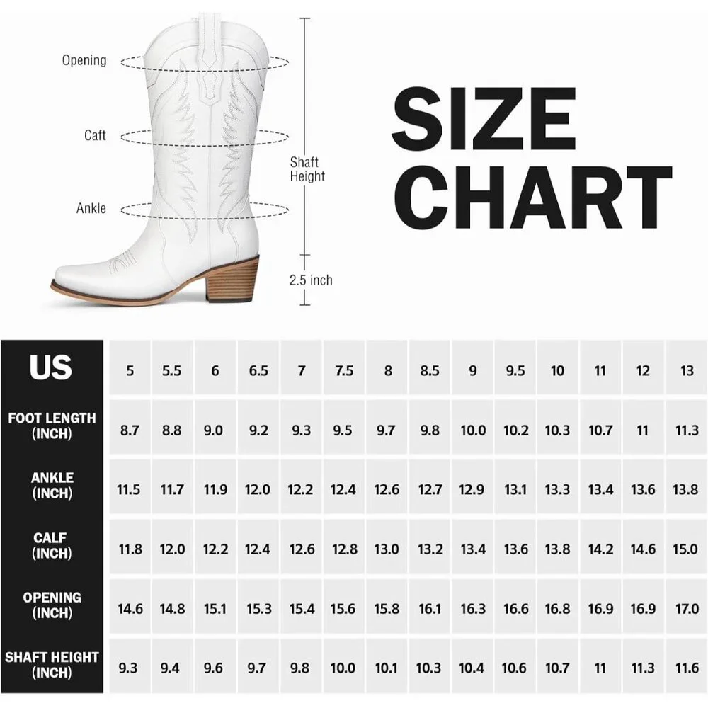 Women's White Cowgirl Boots with Pointed Toe Mid Calf Chunky Heel Snip Toe - Picture 6 of 6